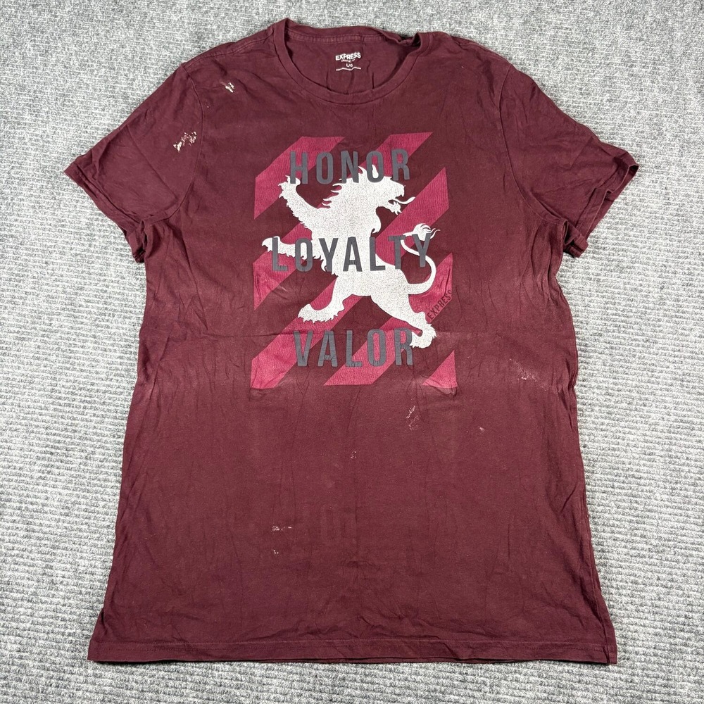Express Graphic Tee Mens L Maroon Fair Honor Loyalty Valor Lion Distressed